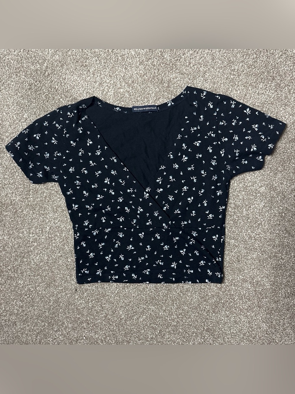 Brandy Melville Black Crop Wrap Top with White Floral Ditsy Print